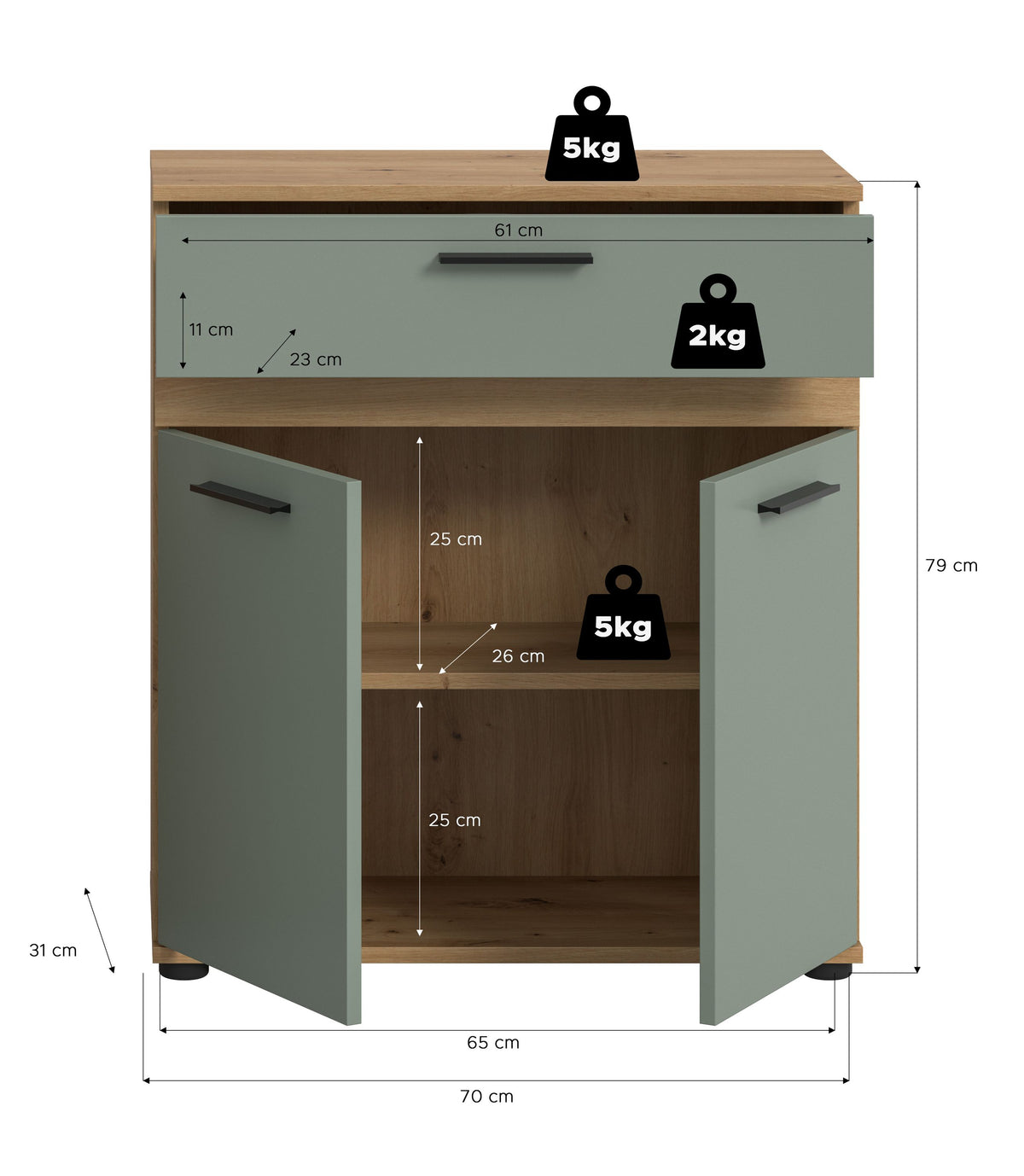 Badezimmerschrank mit Maßen, mintgrün, Holzplatte, Innenraum mit Ablage