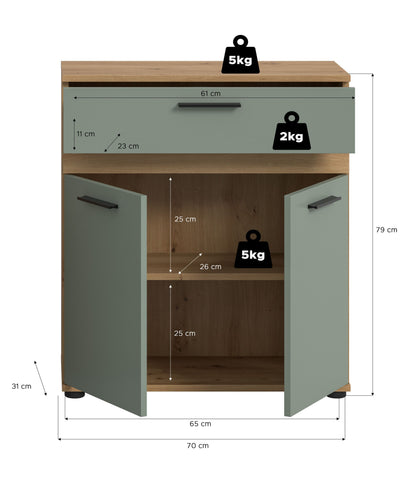 Badezimmerschrank mit Maßen, mintgrün, Holzplatte, Innenraum mit Ablage