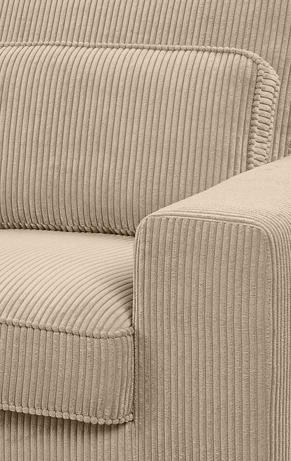 Cord-Ecksofa mit Recamiere: Sitz und Armlehne in Beige, gerundete Kanten, sichtbare Nähte
