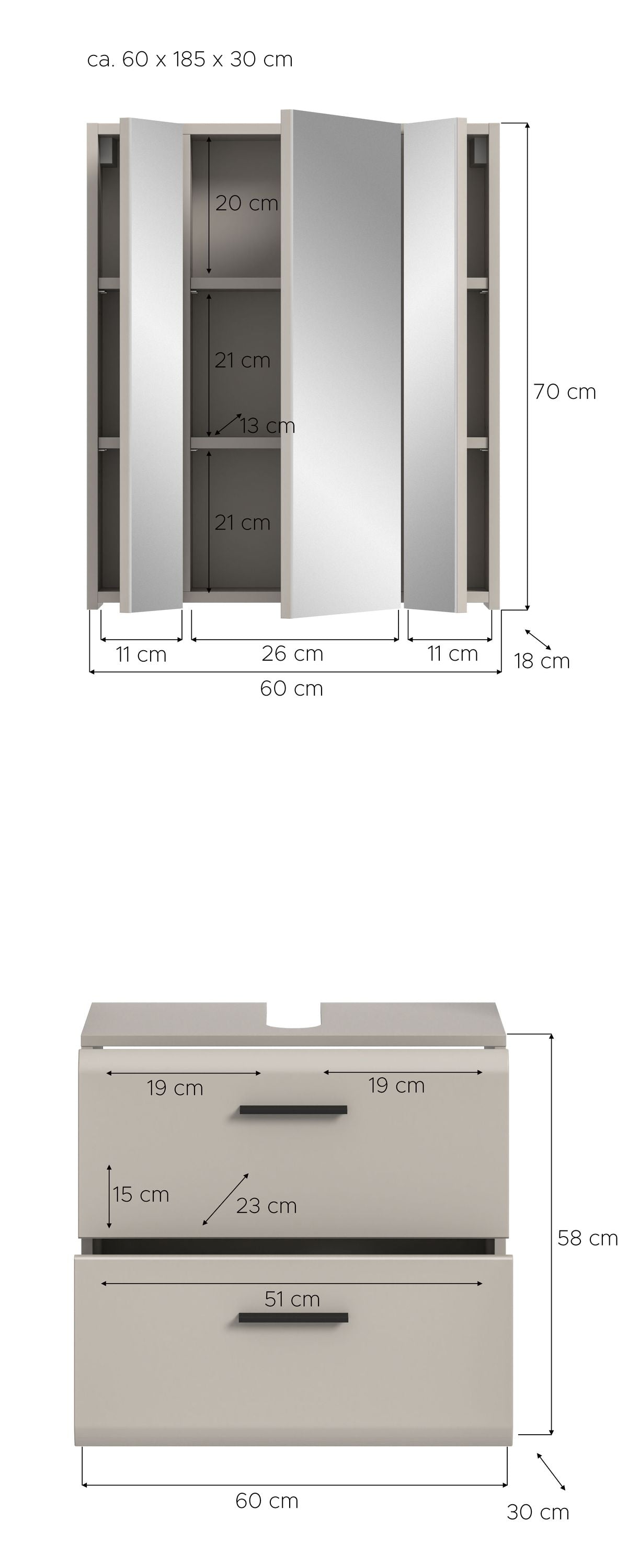 Homes & Jones Badmöbelset 2-tlg., Schrank 60 cm rollbar, Badspiegelschrank 3-trg