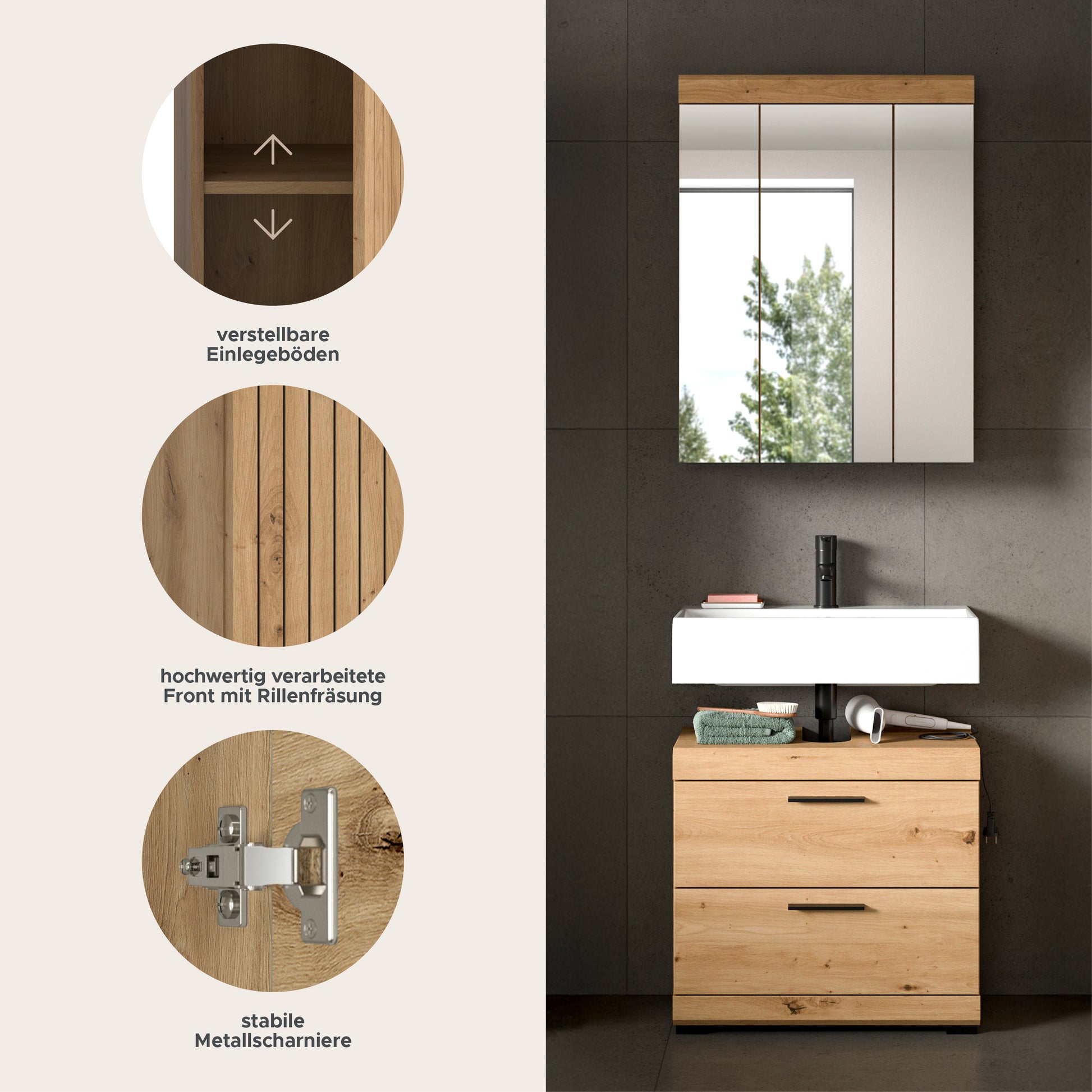 Badezimmerset mit Spiegelschrank und Badschrank, Holz- und Weißfronten