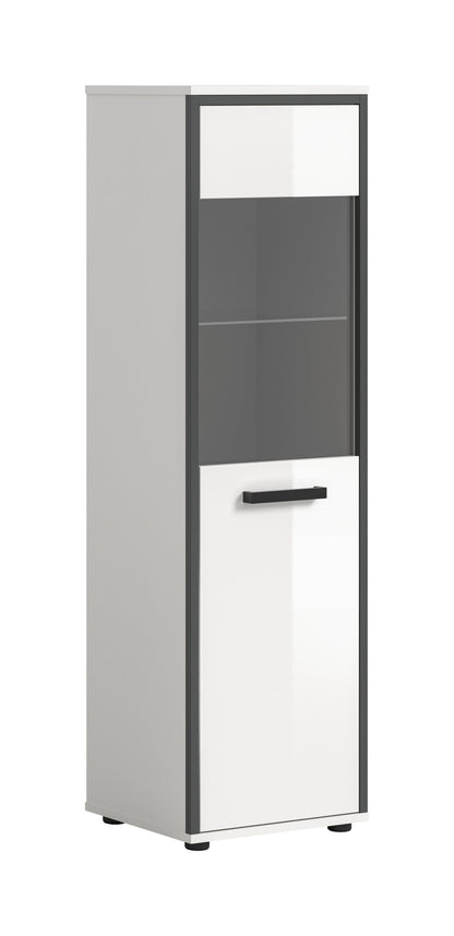Bad-Hochschrank, weiß glänzende Front und graues Gehäuse, Griff am unteren Fach