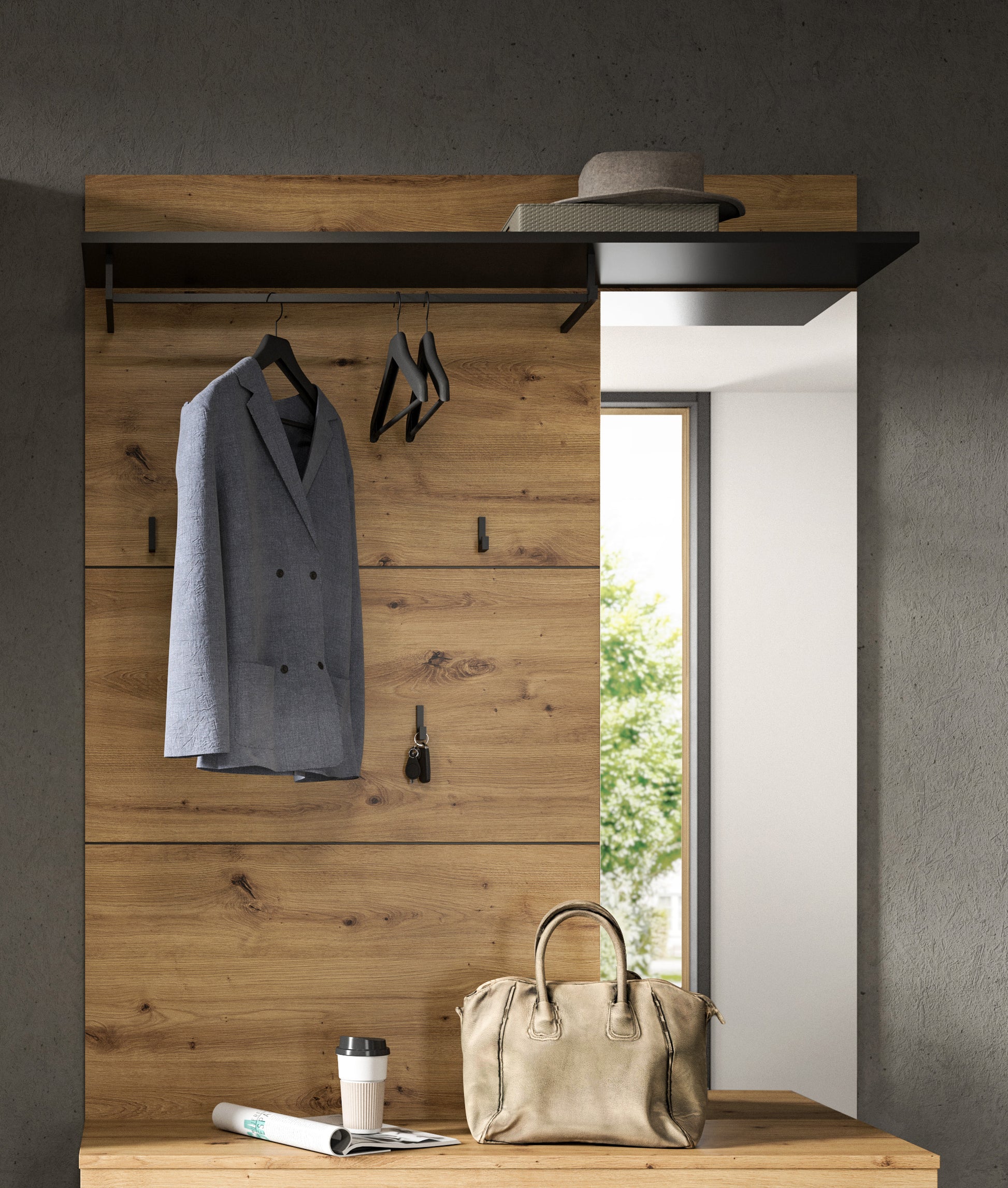 Garderobenpaneel mit Spiegel, Hutablage und Haken, Holzoptik, mit Mantel und Hut