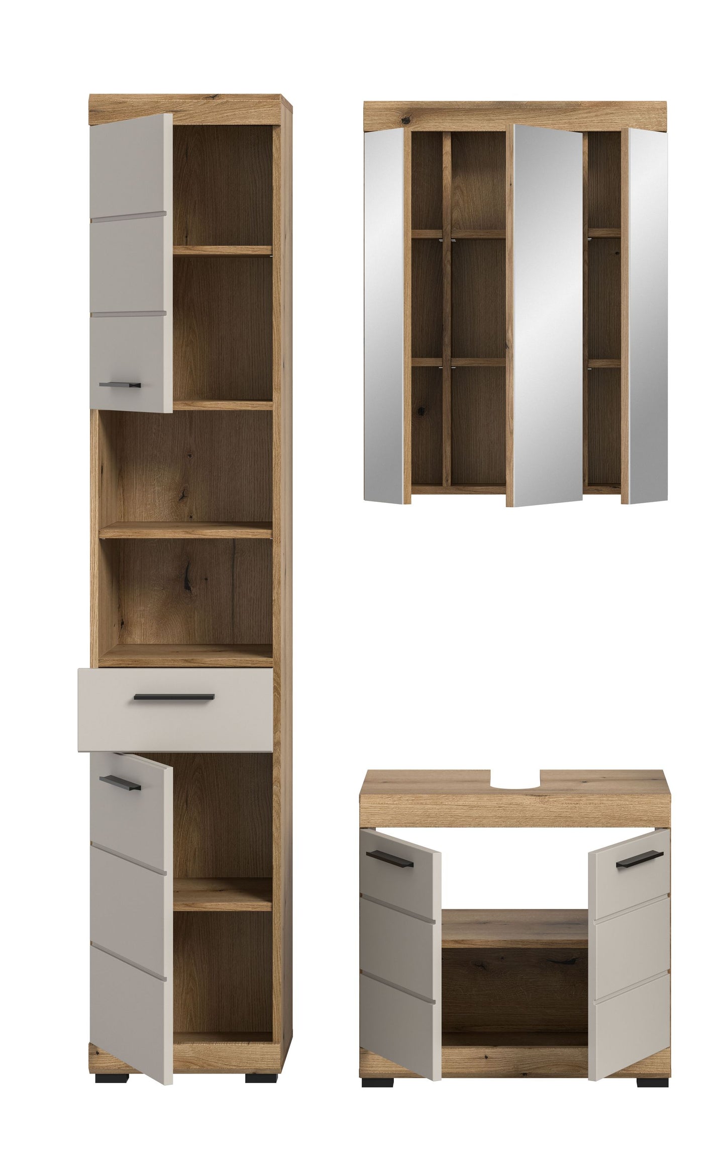 Badezimmerset mit geöffnetem Hochschrank und Spiegelschrank, Holzinnenraum und weiße Front