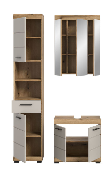 Badezimmerset mit geöffnetem Hochschrank und Spiegelschrank, Holzinnenraum und weiße Front