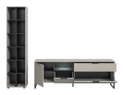 Wohnzimmerschrank-Set: Sideboard mit geöffnetem Fach, neben schmalem Fächerschrank