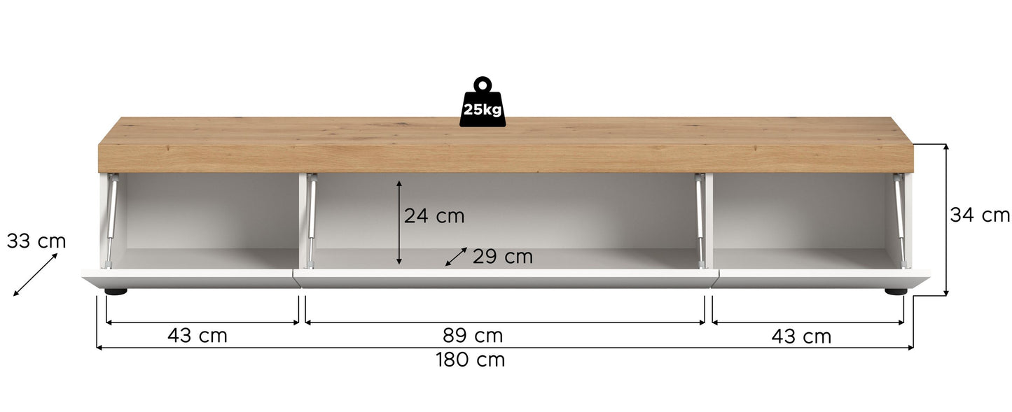 Meuble bas grand RUDA (L/H/P : env. 180/34/33 cm) en blanc/blanc