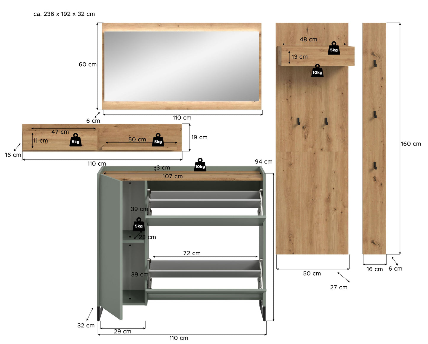 Ensemble d'entrée DRIVE (L/H/P : env. 236/192/32 cm) en sauge/sauge