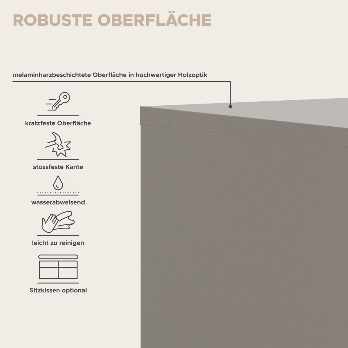 Garderobenset-Oberfläche in Basaltgrau: wasserabweisend, leicht zu reinigen, stoßfeste Kante