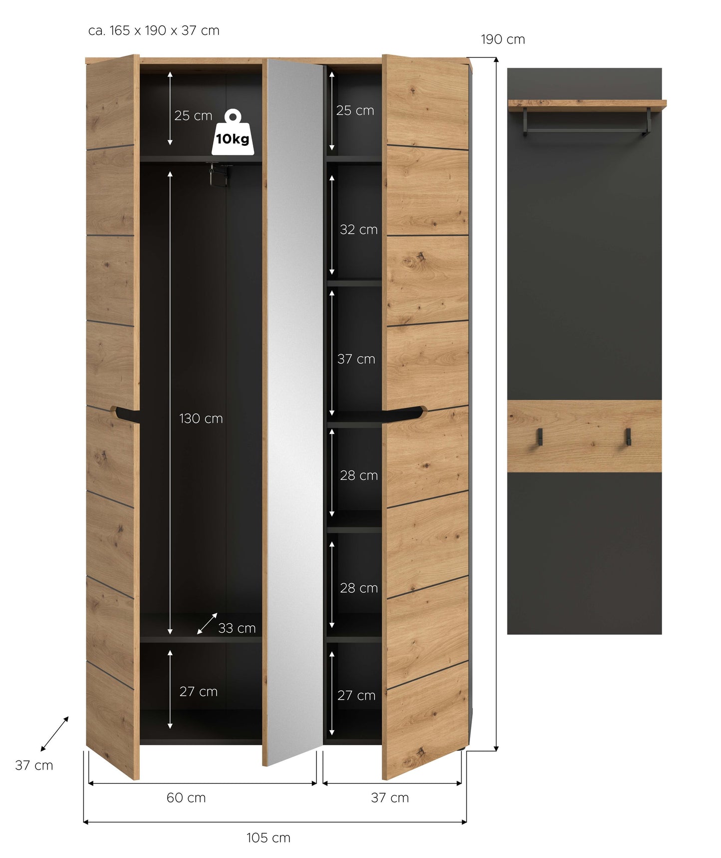 Garderobenset 2-teilig: Schrank mit Spiegeltür und Paneel, Maße-Skizze, helles Holz/Anthrazit
