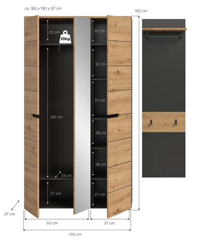 Garderobenset 2-teilig: Schrank mit Spiegeltür und Paneel, Maße-Skizze, helles Holz/Anthrazit