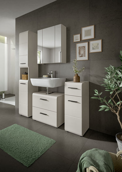 Badezimmer-Set mit weißen Fronten: Waschtisch mit Schubladen, Hochschrank und Spiegelschrank