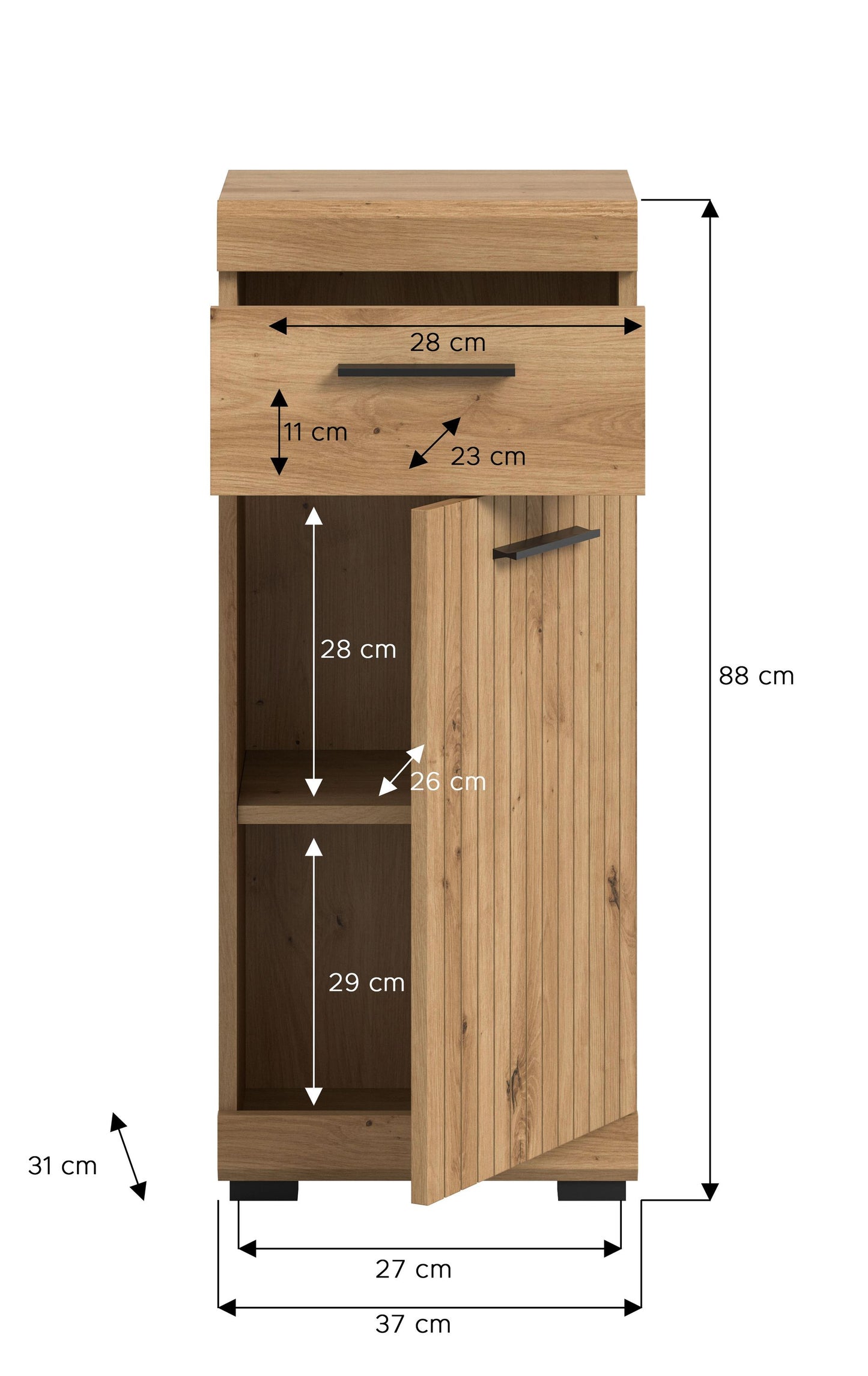 Schmale Badkommode Maße: Breite 37 cm, Höhe 88 cm, Tiefe 31 cm