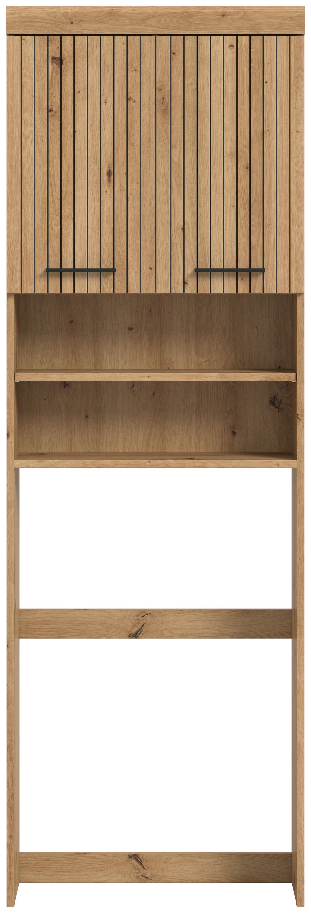 Waschmaschinenüberbau mit Ablagefächern, Holzoptik, oben mit 2 Türen