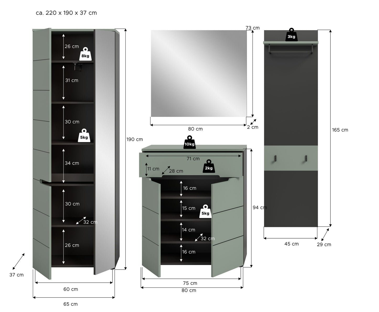 Ensemble de meubles d'entrée CANU (L/H/P : env. 220/190/37 cm) en gris basalte/vert fumé
