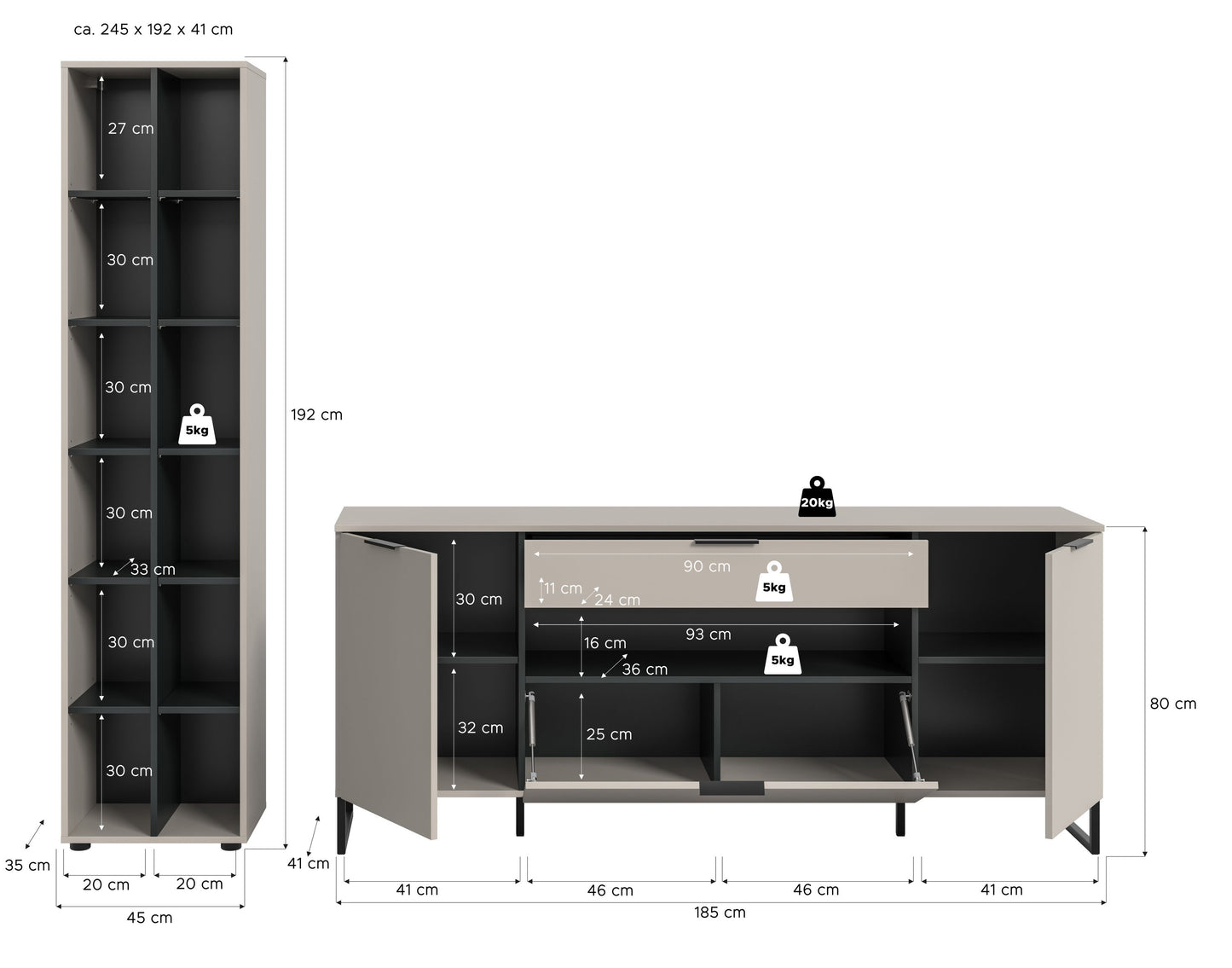 Homes & Jones Wohnwand-Set: Maßzeichnung von Regalschrank und Sideboard