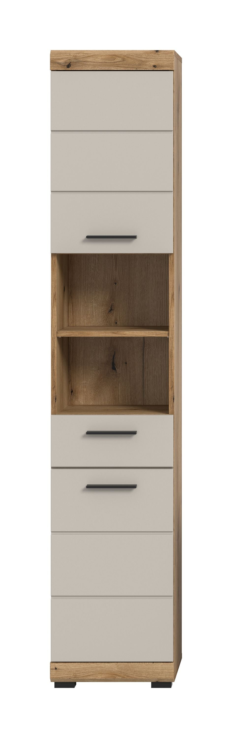 Badhochschrank schmal mit weißem Frontbereich, mittlerem Fach und Artisan-Eiche-Korpus
