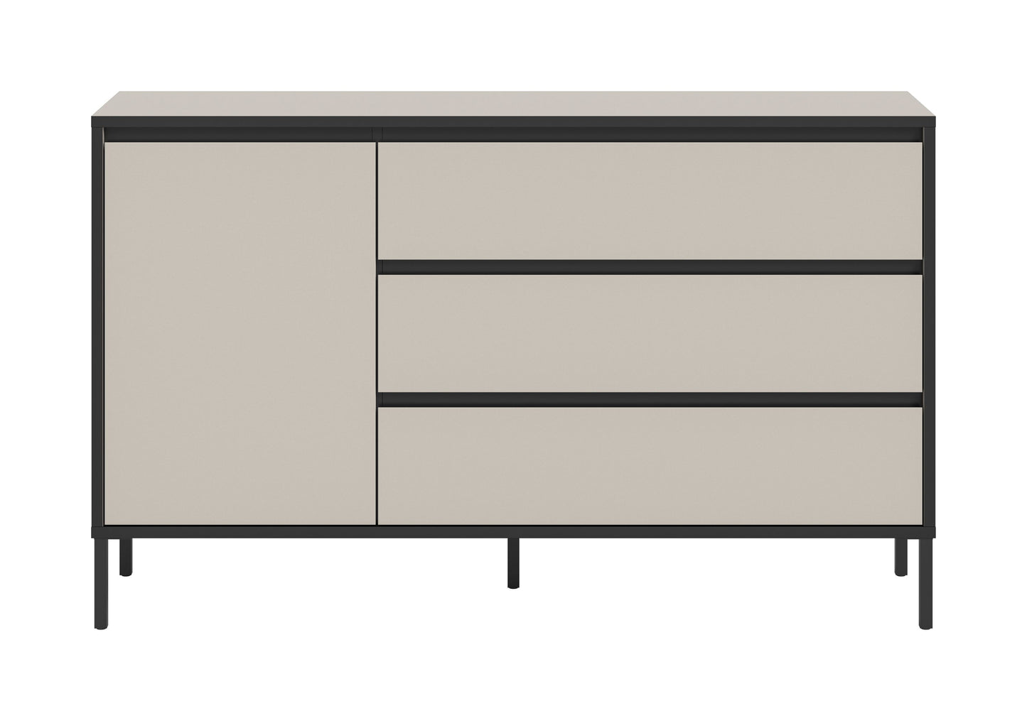 Sideboard mit 1 Tür und mehreren Schubladen, hellgrau mit schwarzem Rahmen