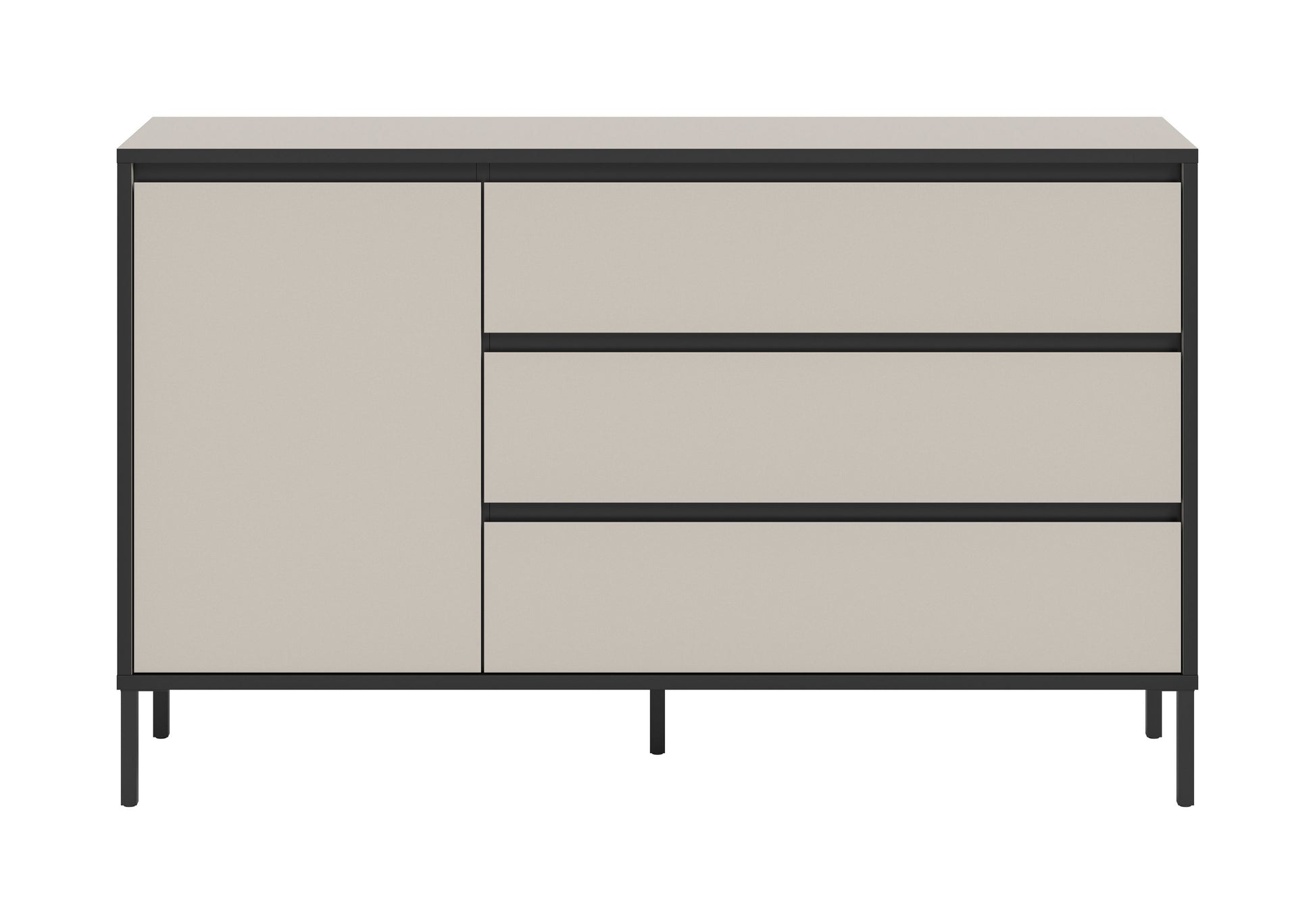 Sideboard mit 1 Tür und mehreren Schubladen, hellgrau mit schwarzem Rahmen