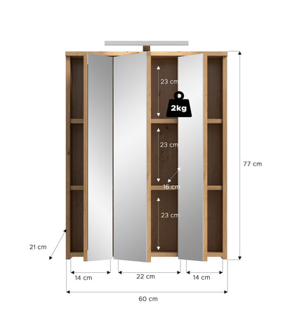 Bad-Spiegelschrank mit Maßen: 60×77 cm, Spiegeltüren, Holzseiten