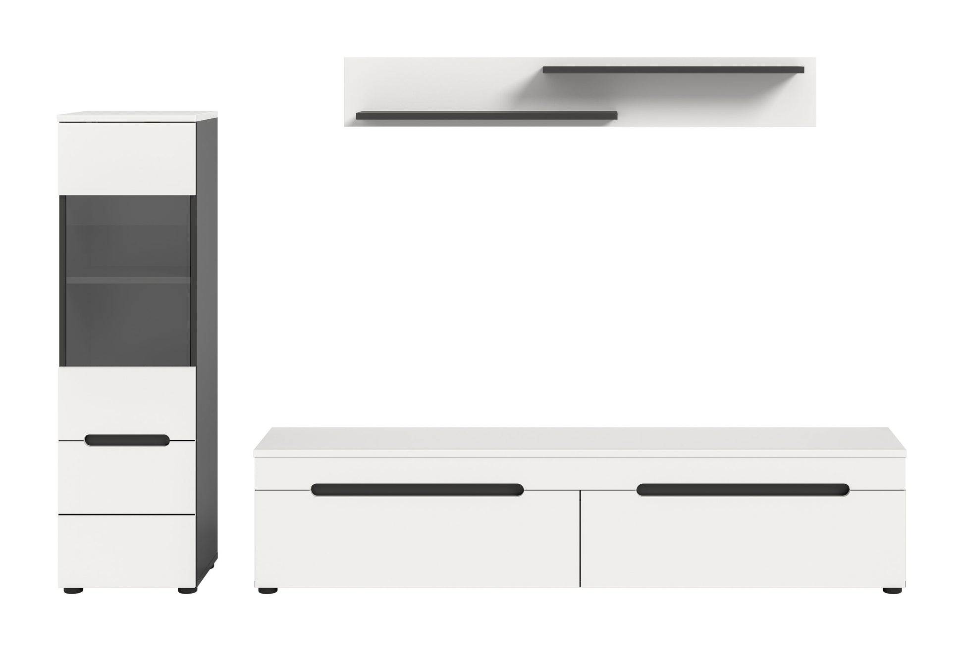 Lowboard mit zwei Frontklappen, weißer Korpus, schwarze Griffleisten