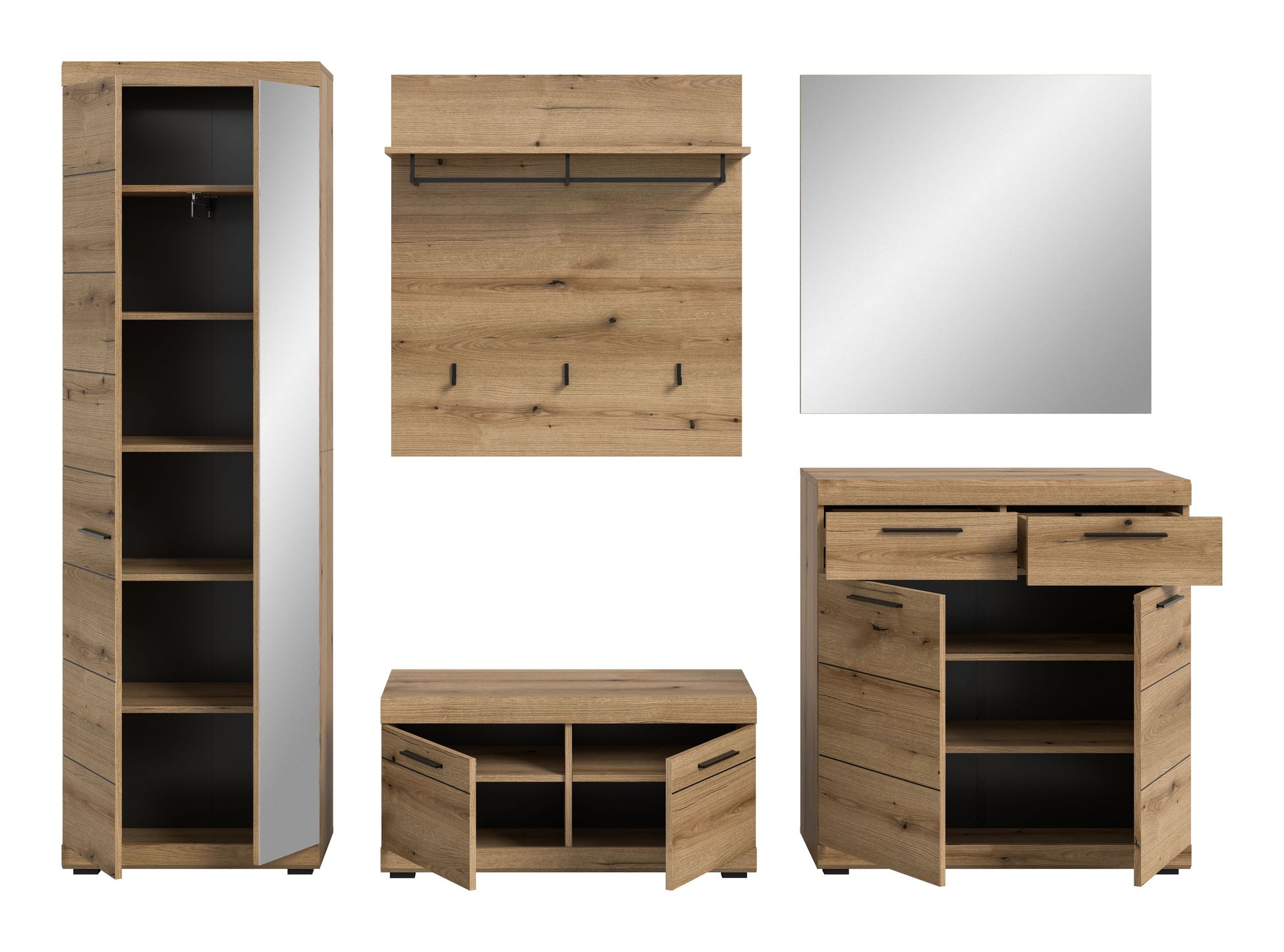 Garderobenset mit Spiegel: offener Schrank, Garderobenpaneel mit Haken, Eckbank und Kommode