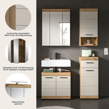 Badezimmerset 4-teilig mit Spiegelschrank, Waschtischunterschrank und Hochschrank in Holz/Weiß