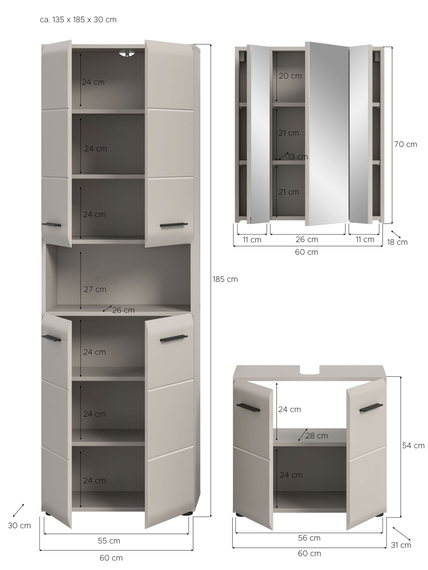 Homes & Jones Badmöbel-Set, 3-teilig: helles Badmöbel-Set mit Hochschrank und Waschtisch