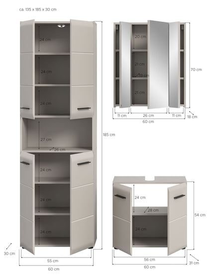 Homes & Jones Badmöbel-Set, 3-teilig: helles Badmöbel-Set mit Hochschrank und Waschtisch