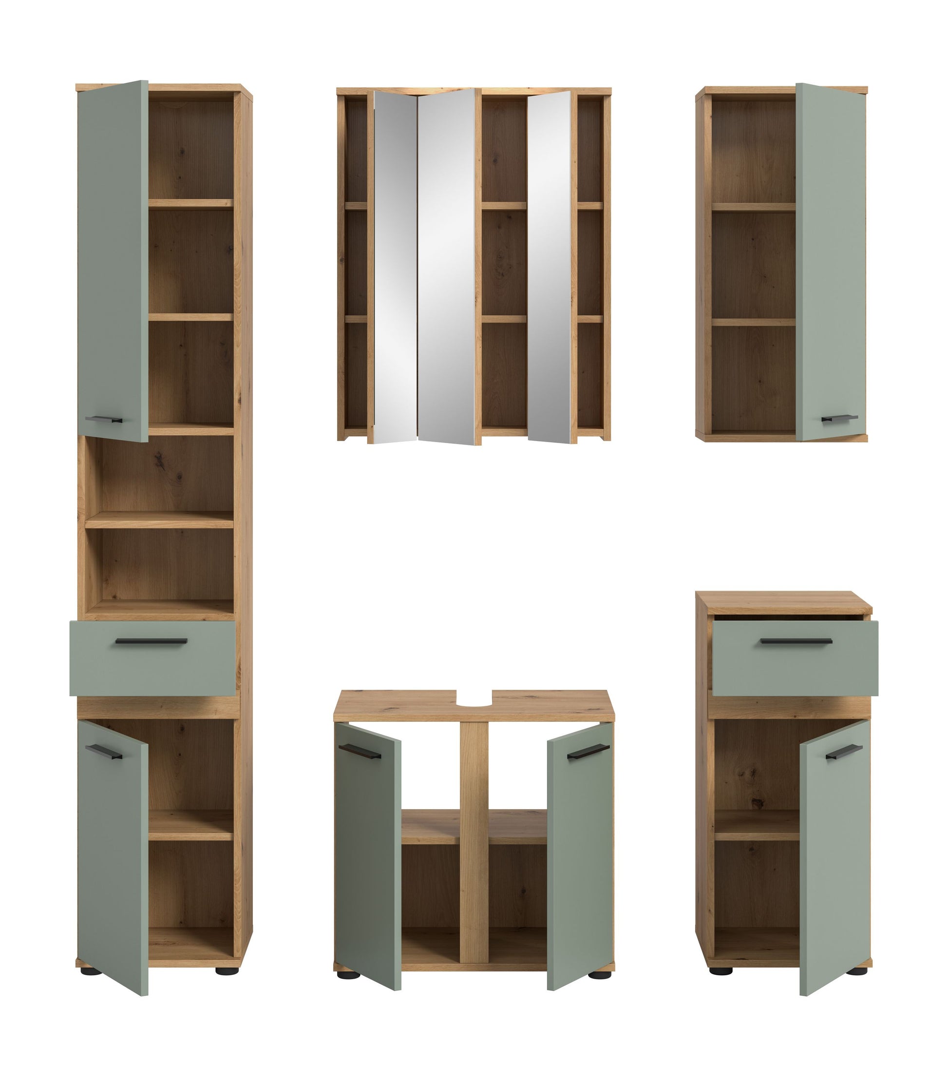 Badmöbel-Set: Hochschrank und Sideboard mit offenen Fächern, mintfarbene Türen.