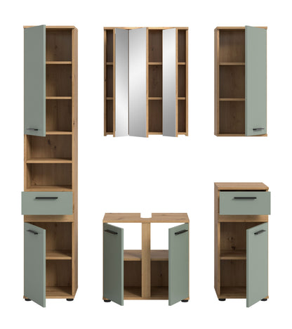 Badmöbel-Set: Hochschrank und Sideboard mit offenen Fächern, mintfarbene Türen.