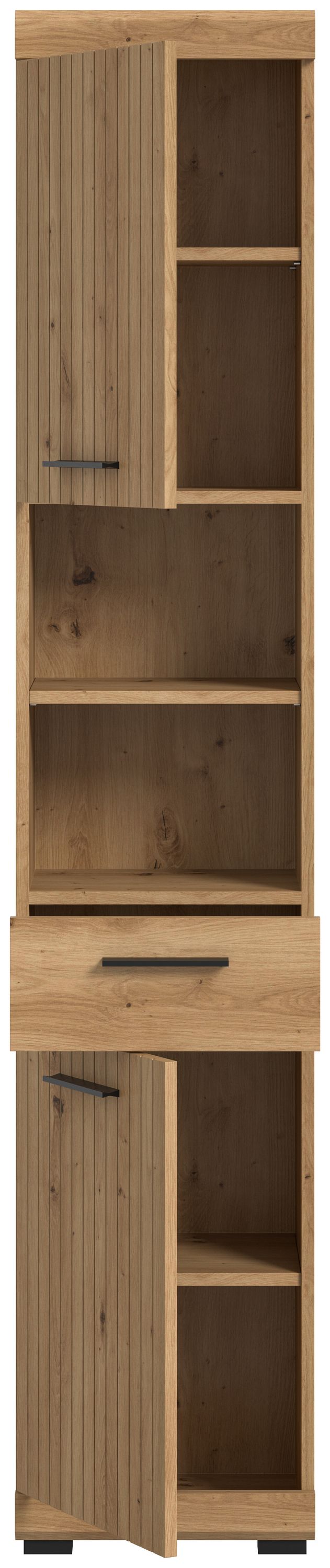Badhochschrank mit offenen Fächern, hellbraune Holzoptik, Türfach oben und offene Böden