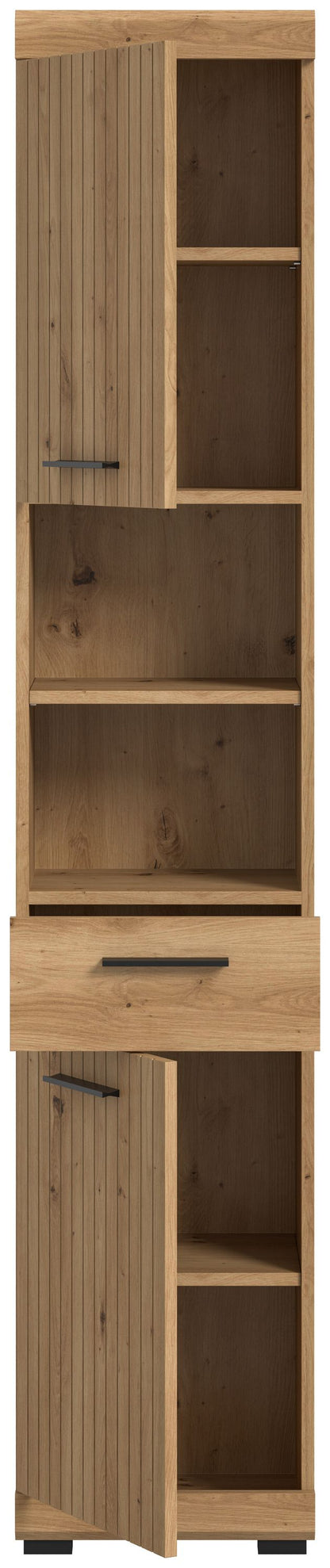 Badhochschrank mit offenen Fächern, hellbraune Holzoptik, Türfach oben und offene Böden
