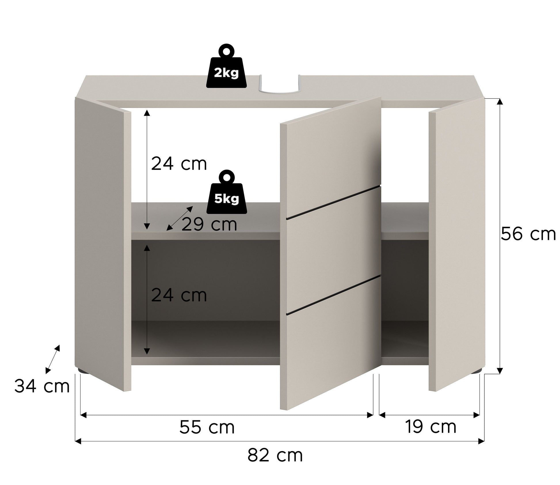Waschbeckenunterschrank breit Hellbeige mit Maßen: 82×56×34 cm
