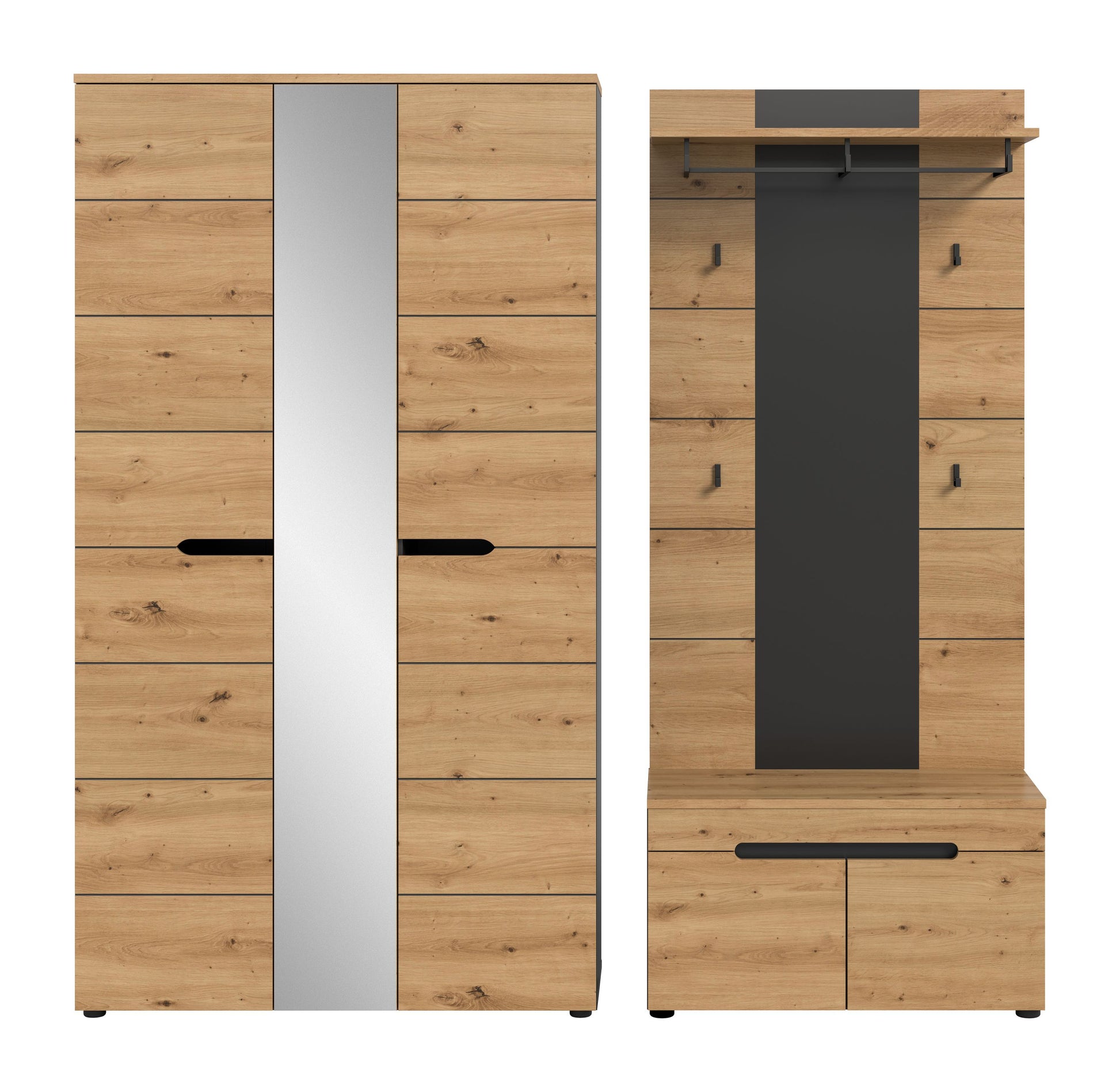 Garderobenschrank mit Spiegel und Sitzbank, durchgehende Front in Eiche-Natur/Anthrazit