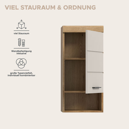 Badezimmerschrank mit offenen Regalfächern, weißem Mittelteil und seitlichen Griffen