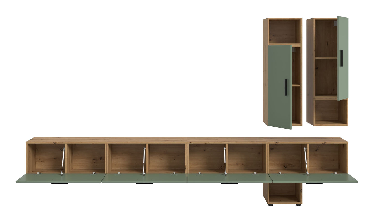 Meuble TV mural THE ONE (L/H/P : env. 300/178/34 cm) en imitation chêne Artisan/vert fumé