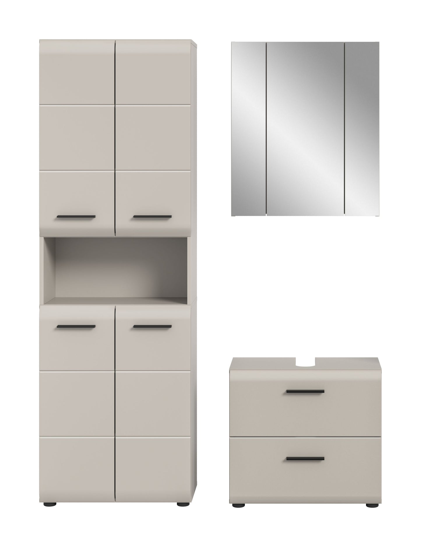 Badezimmerset von Homes & Jones: Hochschrank, Spiegelschrank & Waschtisch in Hellgrau