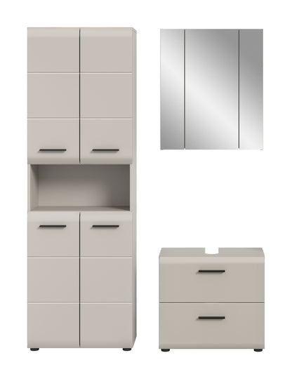Badezimmerset von Homes & Jones: Hochschrank, Spiegelschrank & Waschtisch in Hellgrau