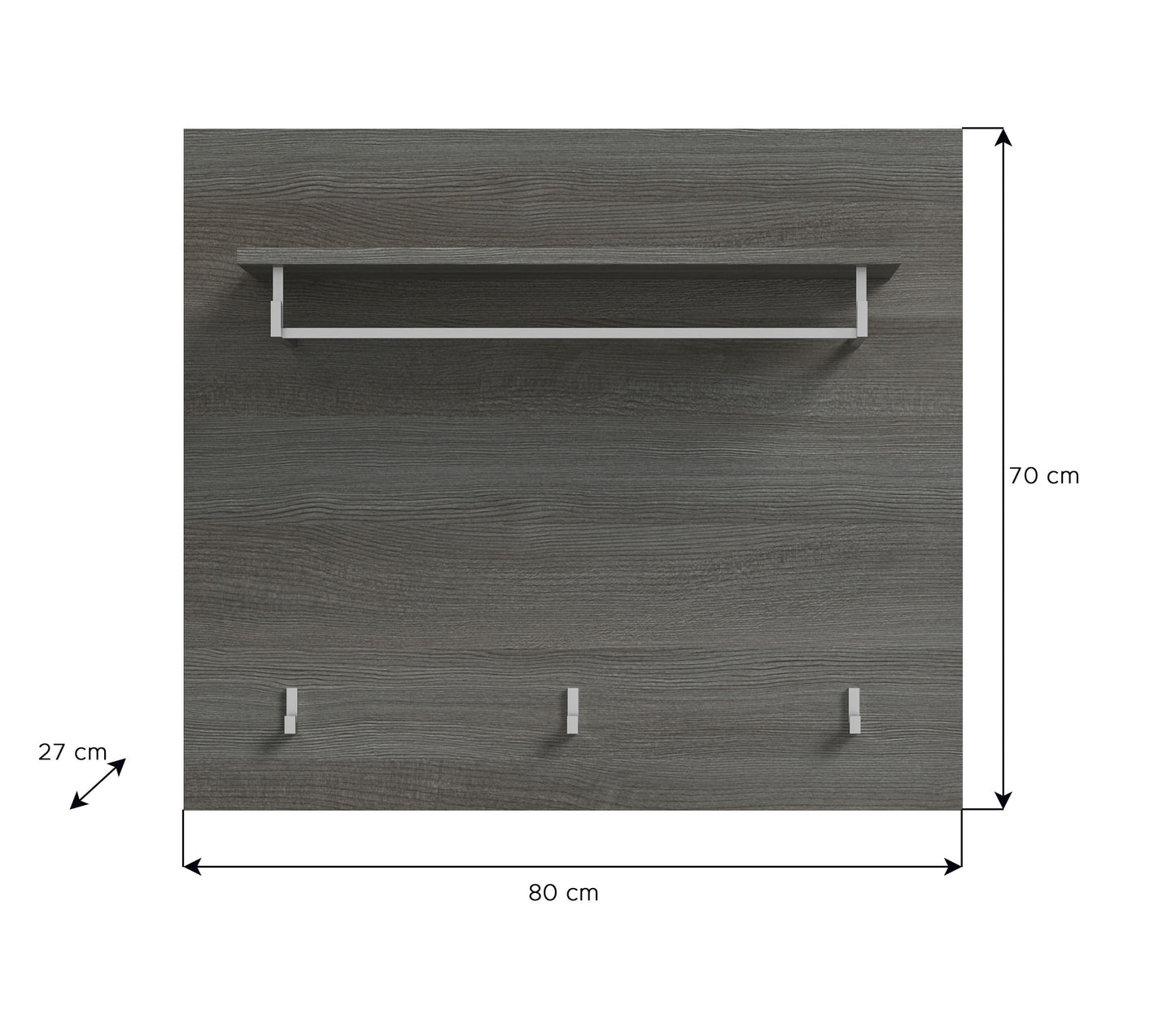 Garderobenpaneel mit Hutablage, 3 Haken; ca. 80×70 cm, dunkelgraue Holzoptik
