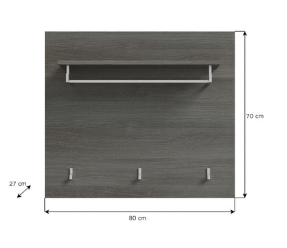 Garderobenpaneel mit Hutablage, 3 Haken; ca. 80×70 cm, dunkelgraue Holzoptik