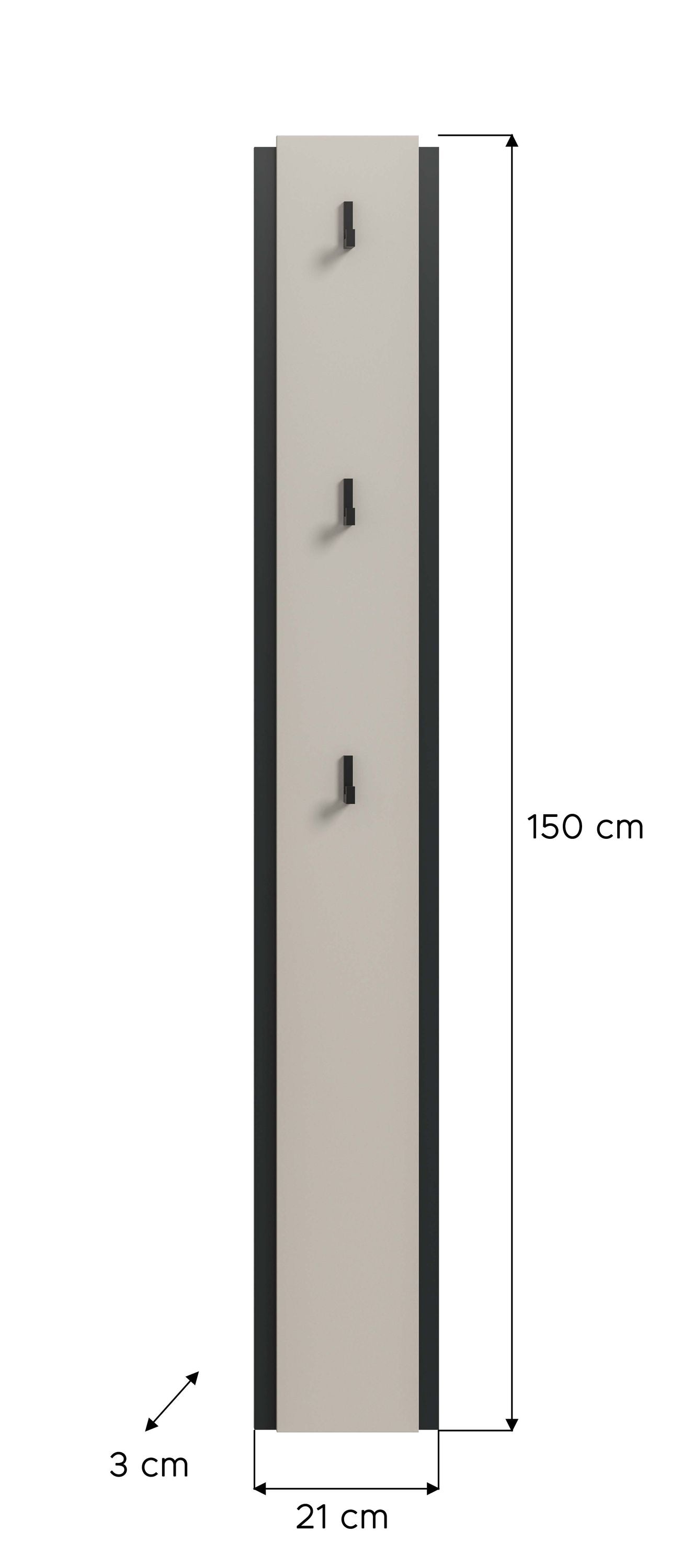 Schmales Garderobenpaneel, Maße 150×21×3 cm, hellbeige Platte mit drei schwarzen Haken