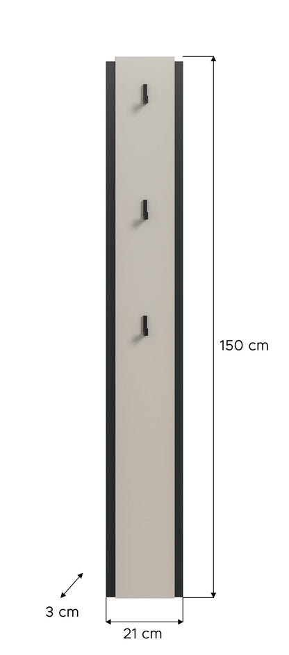 Schmales Garderobenpaneel, Maße 150×21×3 cm, hellbeige Platte mit drei schwarzen Haken