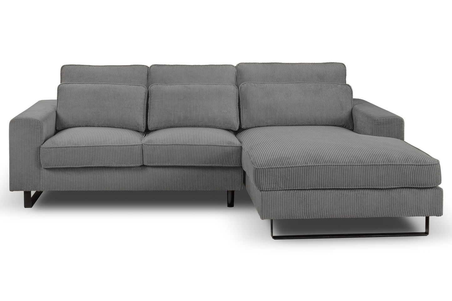 Ecksofa mit Recamiere, grauer Cord-Bezug, breite Sitzfläche und abgestufte Sitze