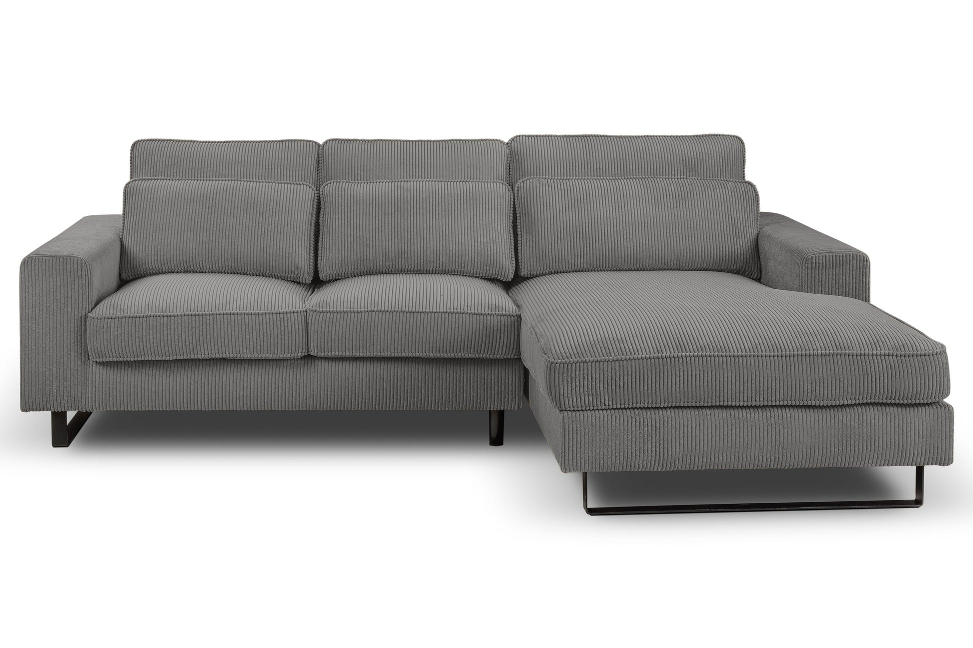 Ecksofa mit Recamiere, grauer Cord-Bezug, breite Sitzfläche und abgestufte Sitze