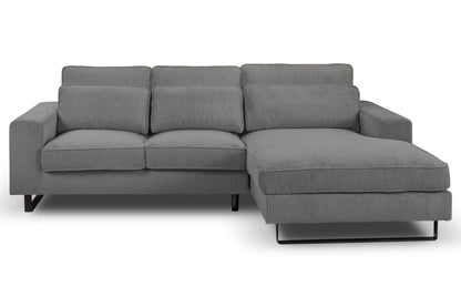 Ecksofa mit Recamiere, grauer Cord-Bezug, breite Sitzfläche und abgestufte Sitze