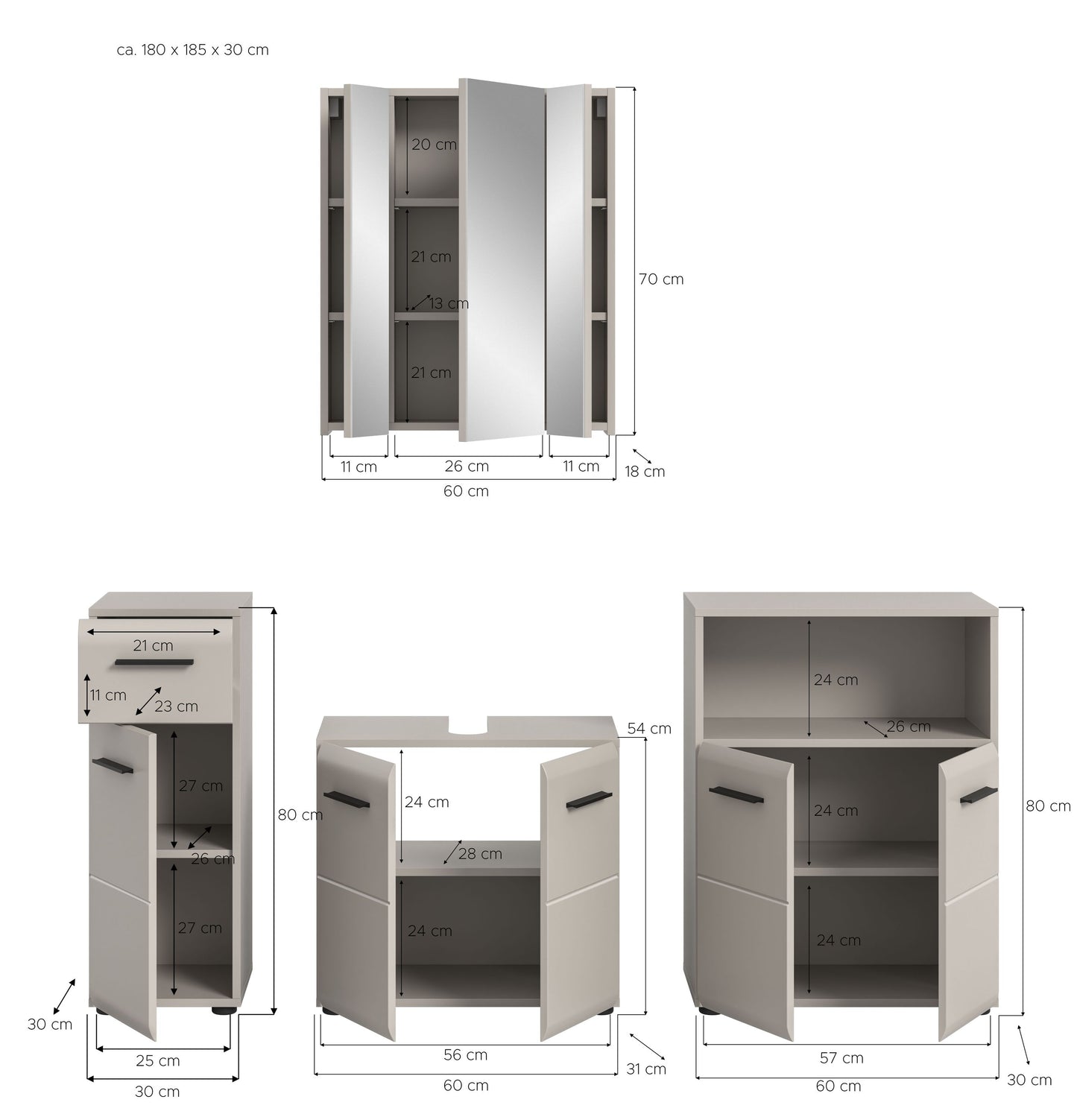 Badmöbel-Set (4-tlg.) mit Spiegelschrank und Unterschränken, hellgraue Fronten