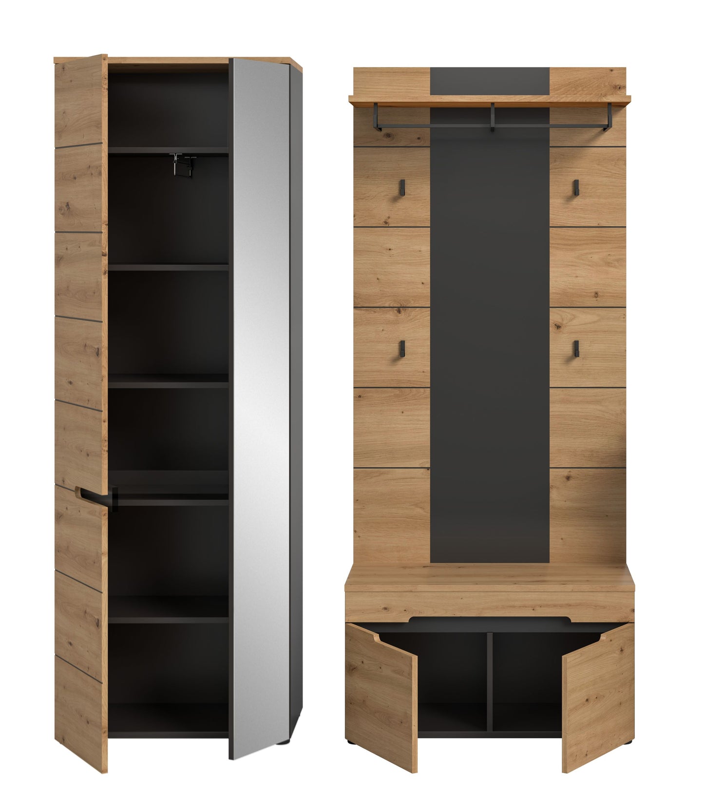 Homes & Jones Garderobenset 3-tlg., 1x Paneel, Sitzbank, Schrank mit Spiegel