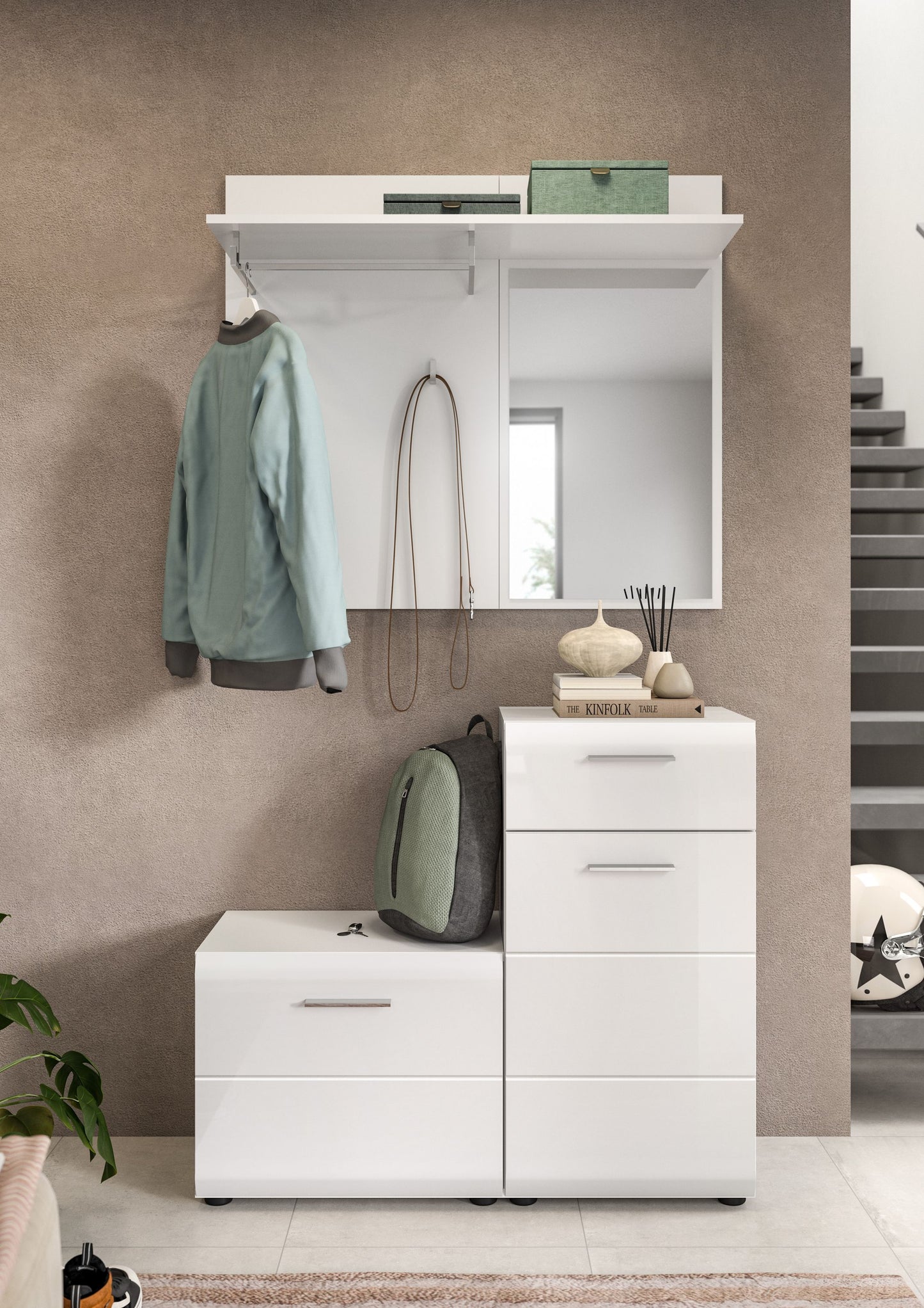Homes & Jones Garderobe mit Spiegel, Garderobenset 4-tlg., weiß Hochglanz Front