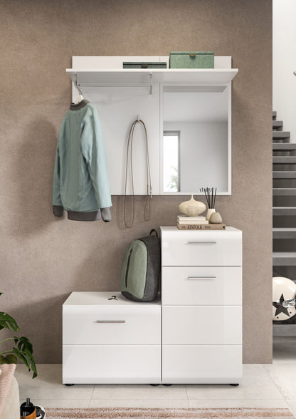 Homes & Jones Garderobe mit Spiegel, Garderobenset 4-tlg., weiß Hochglanz Front